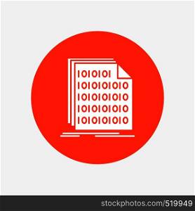 Binary, code, coding, data, document White Glyph Icon in Circle. Vector Button illustration. Vector EPS10 Abstract Template background