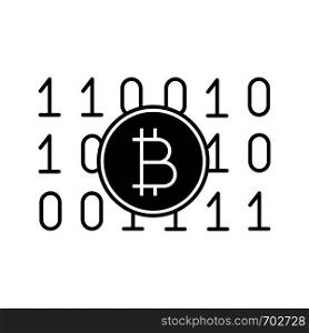 Binary code glyph icon. Cryptocurrency mining. Digital money. Computing. Bitcoin on binary code. Silhouette symbol. Negative space. Vector isolated illustration. Binary code glyph icon