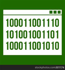 Binary code icon white isolated on green background. Vector illustration. Binary code icon green