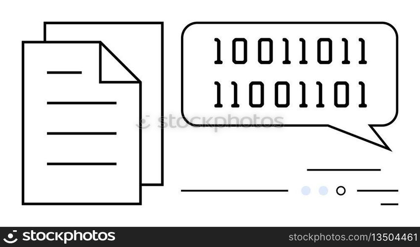 Binary code in a speech bubble next to document sheets. Ideal for tech communication, coding, data processing, digital transformation, information exchange, modern technology, and software. Binary Code Speech Bubble and Document Sheets Representing Digital Communication