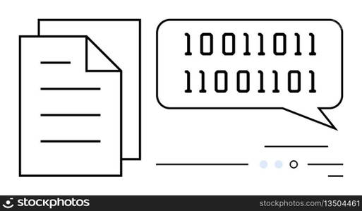 Binary code in a speech bubble next to document sheets. Ideal for tech communication, coding, data processing, digital transformation, information exchange, modern technology, and software. Binary Code Speech Bubble and Document Sheets Representing Digital Communication