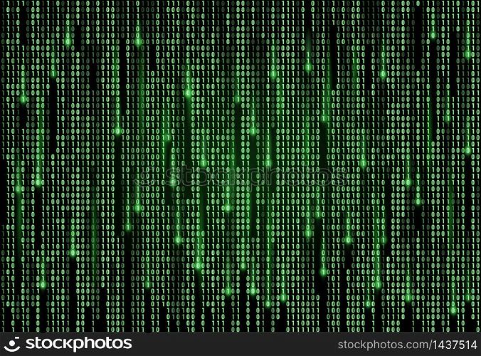 Binary code matrix vector background of computer data and digital technology. Green numbers pattern with streams of zero and one digits on black screen, internet security and cyberspace backdrop. Binary code matrix background, digital technology