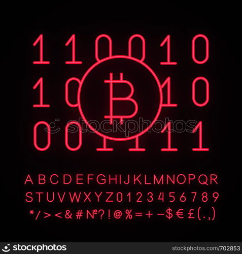 Binary code neon light icon. Cryptocurrency mining. Digital money. Computing. Bitcoin on binary code. Glowing sign with alphabet, numbers and symbols. Vector isolated illustration. Binary code neon light icon