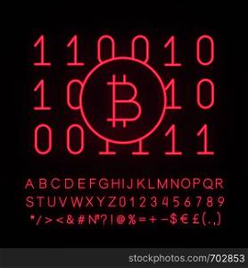 Binary code neon light icon. Cryptocurrency mining. Digital money. Computing. Bitcoin on binary code. Glowing sign with alphabet, numbers and symbols. Vector isolated illustration. Binary code neon light icon