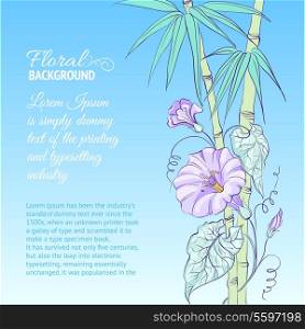 Bindweed flower and bamboo on blue background. Vector illustration.