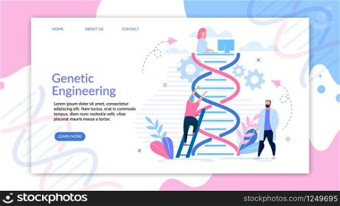 Binformative Banner Engineering Genetic Cartoon. Men Experiment with Genetic Chain. Woman Systematizes Research Data. People Conduct Experiments with Dna Flat. Vector Illustration.