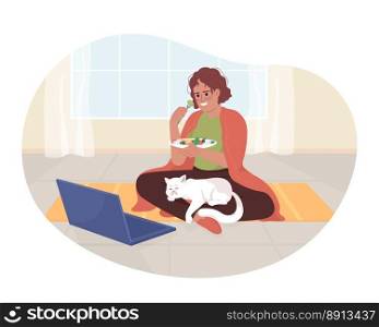 Binge viewing movies 2D vector isolated illustration. Woman eating salad with laptop and cat flat character on cartoon background. Colorful editable scene for mobile, website, presentation. Binge viewing movies 2D vector isolated illustration