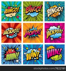 Bingo and win comic bubbles vector set. Happy whoop after jackpot, gambling game win or reaching achievement. Cloud explosion with stars and pop art typography on striped, twisted background. Bingo and win comic bubbles pop art vector set