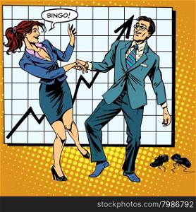 Bingo financial success dance business pop art retro style. Man and woman happily dancing. Graph of growth and profit.. Bingo financial success dance business