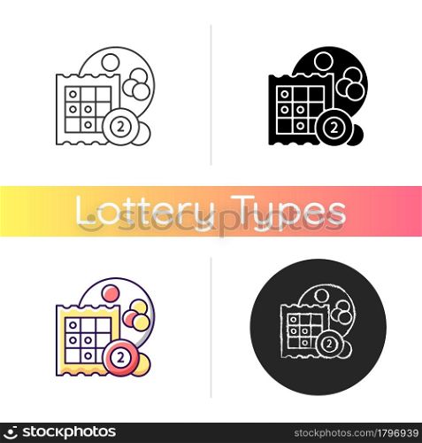 Bingo icon. Low-priced gambling. Marking off numbers on cards. Winning cash prizes. Random selected numbers. Playing lotto game. Linear black and RGB color styles. Isolated vector illustrations. Bingo icon