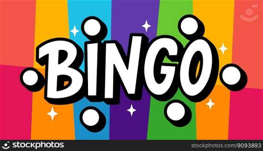 BINGO logo with lottery balls and stars. Bingo game. Vector illustration lucky"e. Fortune text. Graphic logo design for print poster, card, sticker, game, lottery win concept, casino. BINGO logo with lottery balls and stars. Bingo game. Vector illustration lucky"e. Fortune text