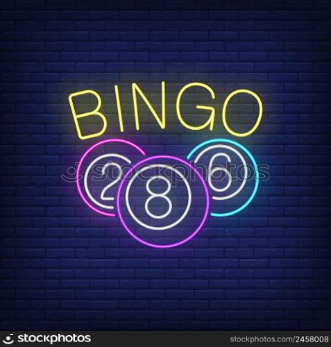 Bingo neon lettering and balls with numbers. Gamble, lotto, entertainment design. Night bright neon sign, colorful billboard, light banner. Vector illustration in neon style.
