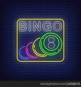 Bingo neon lettering with balls. Gamble, lotto, entertainment design. Night bright neon sign, colorful billboard, light banner. Vector illustration in neon style.