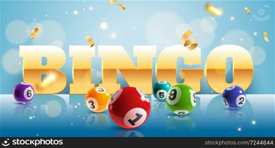 Bingo. Realistic lottery balls and golden confetti poster with text, lucky big win. Lotto game internet leisure, vector gambling concept background. Bingo. Lottery balls and golden confetti poster with text, lucky big win. Lotto game internet leisure, vector gambling concept