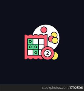 Bingo RGB color icon for dark theme. Low-priced gambling. Marking off numbers on cards. Winning cash prizes. Isolated vector illustration on night mode background. Simple filled line drawing on black. Bingo RGB color icon for dark theme