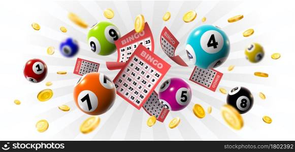 Bingo winner background with lottery tickets, balls and gold coins. Realistic keno gambling game win poster with cards burs vector concept. Illustration of lotto jackpot, casino gamble leisure. Bingo winner background with lottery tickets, balls and gold coins. Realistic keno gambling game win poster with cards burs vector concept