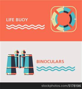 Binoculars and a life buoy. Vector illustration of icons with place for text. Isolated.