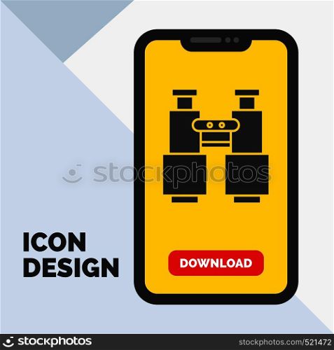 binoculars, find, search, explore, camping Glyph Icon in Mobile for Download Page. Yellow Background. Vector EPS10 Abstract Template background