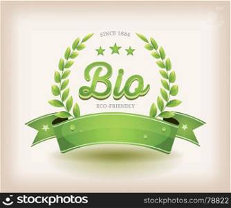 Bio And Eco Label With Green Banner. Illustration of a bio and ecological label with green banner, for healthy food products, with certified mentions and vintage background