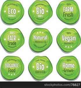 Bio And Eco Seal Stamper. Illustration of a set of funny bio and ecological green seal stamper, with fair trade, environment friendly, vegan, farm fresh or home grown mentions, for healthy food products
