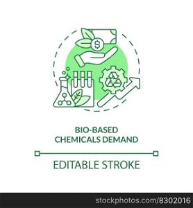 Bio based chemicals demand green concept icon. Global market trend. Biotech industry growing idea thin line illustration. Isolated outline drawing. Editable stroke. Arial, Myriad Pro-Bold fonts used. Bio based chemicals demand green concept icon