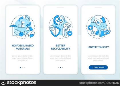 Bio based materials advantages blue onboarding mobile app screen. Walkthrough 3 steps editable graphic instructions with linear concepts. UI, UX, GUI template. Myriad Pro-Bold, Regular fonts used. Bio based materials advantages blue onboarding mobile app screen