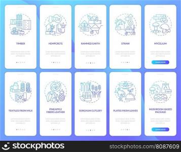Bio based materials blue gradient onboarding mobile app screen set. Walkthrough 5 steps graphic instructions with linear concepts. UI, UX, GUI template. Myriad Pro-Bold, Regular fonts used. Bio based materials blue gradient onboarding mobile app screen set
