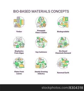Bio based materials concept icons set. Sustainable solutions. Biodegradable products idea thin line color illustrations. Isolated symbols. Editable stroke. Roboto-Medium, Myriad Pro-Bold fonts used. Bio based materials concept icons set