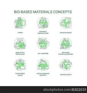 Bio based materials green concept icons set. Eco friendly. Biodegradable products idea thin line color illustrations. Isolated symbols. Editable stroke. Roboto-Medium, Myriad Pro-Bold fonts used. Bio based materials green concept icons set