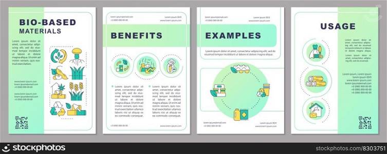 Bio based materials green gradient brochure template. Bio economy. Leaflet design with linear icons. Editable 4 vector layouts for presentation, annual reports. Arial, Myriad Pro-Regular fonts used. Bio based materials green gradient brochure template