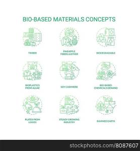 Bio based materials green gradient concept icons set. Sustainable solutions. Biodegradable products idea thin line color illustrations. Isolated symbols. Roboto-Medium, Myriad Pro-Bold fonts used. Bio based materials green gradient concept icons set