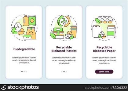 Bio based materials onboarding mobile app screen. Recyclable products walkthrough 3 steps editable graphic instructions with linear concepts. UI, UX, GUI template. Myriad Pro-Bold, Regular fonts used. Bio based materials onboarding mobile app screen