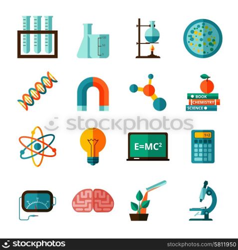 Bio chemistry experimental science laboratory research flat icons collection with microscope and retort abstract isolated vector illustration. Science icons flat icons set