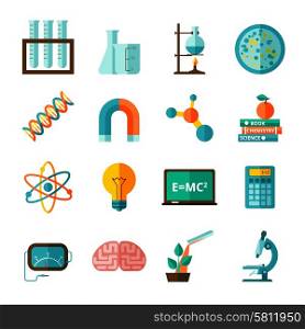 Bio chemistry experimental science laboratory research flat icons collection with microscope and retort abstract isolated vector illustration. Science icons flat icons set