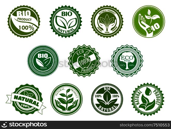 Bio, eco, organic and natural products green labels with tree, leaves, pant, apple, hands and water drop, framed by round frames. For healthy food and drink theme design. Bio, eco, organic and natural green labels