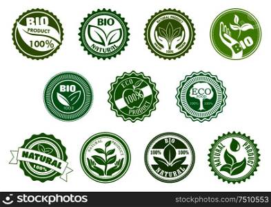 Bio, eco, organic and natural products green labels with tree, leaves, pant, apple, hands and water drop, framed by round frames. For healthy food and drink theme design. Bio, eco, organic and natural green labels