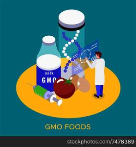 Bio engineering gmo products research lab isometric composition with genetically modified food milk eggs background vector illustration