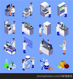Bio engineering gmo technology isometric icons set with laboratory genetically altered dna plants food isolated vector illustration