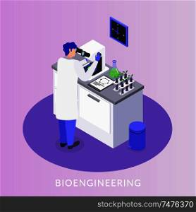 Bio engineering laboratory assistant controlling gmo production isometric composition with electron microscope test tubes samples vector illustration