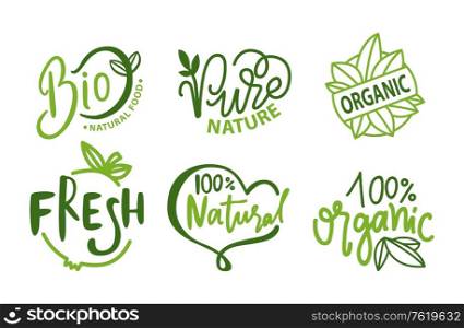 Bio ingredients and food vector, isolated set of logos and emblems with percentage and decorative foliage, eco meal production and biological supplies. Bio Production, Fresh and Organic Products Logo