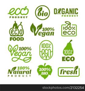 Bio labels set. Eco fresh tag with leaf, organic badges. Nature food emblems, ecology promotion products stickers. Green tidy vector symbols. Illustration of eco tag, organic product sticker. Bio labels set. Eco fresh tag with leaf, organic badges. Nature food emblems, ecology promotion products stickers. Green tidy vector symbols