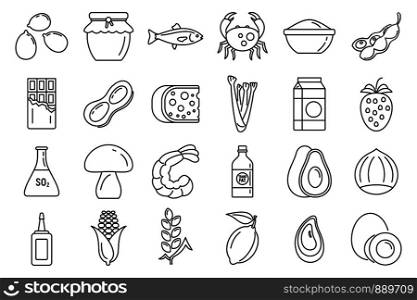 Bio product allergy icons set. Outline set of bio product allergy vector icons for web design isolated on white background. Bio product allergy icons set, outline style