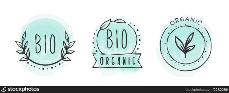 Bio products. Organic product icons. Icons of natural food. Hand-drawn icons. Vector illustration