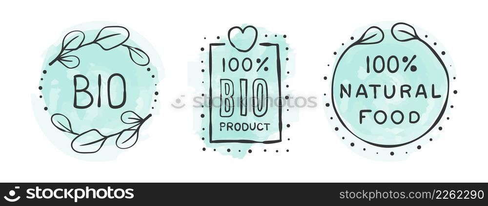 BIO products signs . Organic product icons. Icons of natural food. Hand-drawn icons. Vector illustration