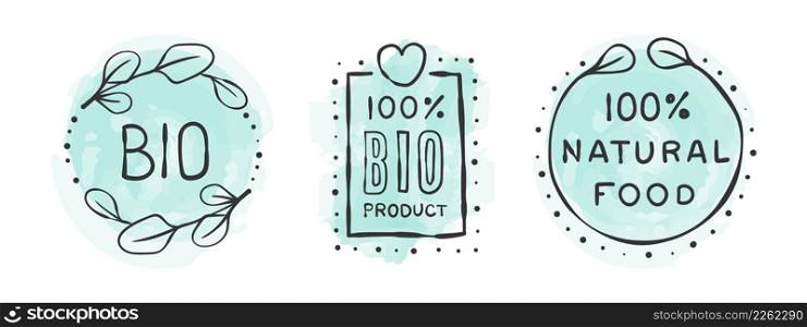 BIO products signs . Organic product icons. Icons of natural food. Hand-drawn icons. Vector illustration