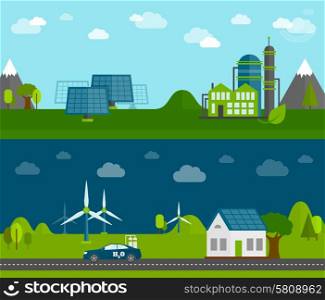 Bio rechargeable green energy production and home solar power system flat horizontal banners set abstract vector illustration. Eco energy flat banners set