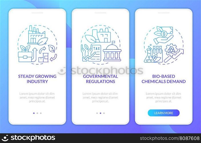 Biobased materials future blue gradient onboarding mobile app screen. Walkthrough 3 steps graphic instructions with linear concepts. UI, UX, GUI template. Myriad Pro-Bold, Regular fonts used. Biobased materials future blue gradient onboarding mobile app screen