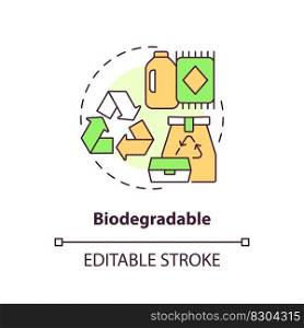 Biodegradable concept icon. Compostable product. Eco friendly solution. Biobased material idea thin line illustration. Isolated outline drawing. Editable stroke. Arial, Myriad Pro-Bold fonts used. Biodegradable concept icon