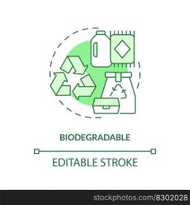 Biodegradable green concept icon. Compostable product. Eco friendly. Biobased material idea thin line illustration. Isolated outline drawing. Editable stroke. Arial, Myriad Pro-Bold fonts used. Biodegradable green concept icon