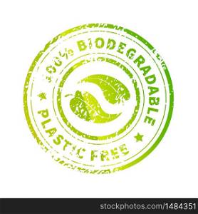 Biodegradable icon, bright green Plastic free round symbol with leaves and grunge texture on white. Biodegradable icon, bright green Plastic free round symbol with leaves and grunge texture isolated on white